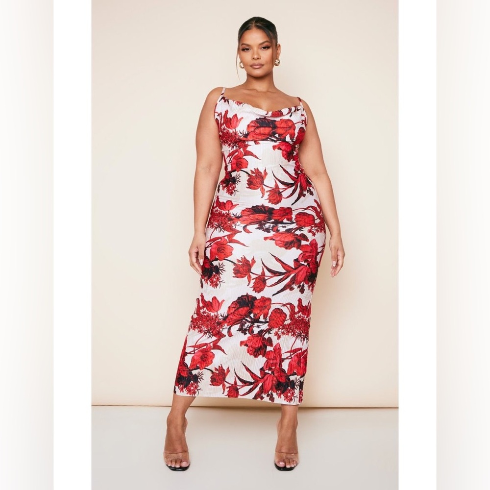 PLT Plus Nude Floral Print Plisse Strappy Maxi Dress